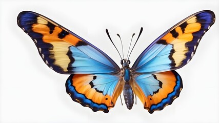 Very beautiful blue yellow orange butterfly in flight isolated on a white background
