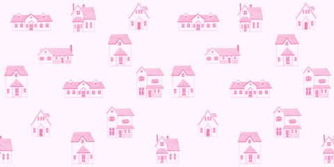 Seamless pattern with cute pink houses