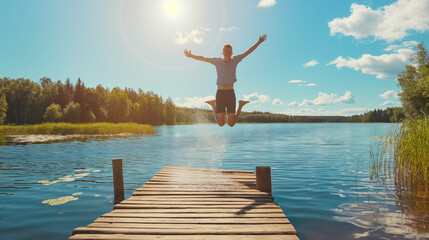 person jumping on the lake
