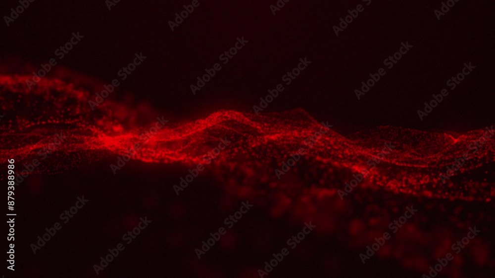 Poster Digital waves of red particles create magical ripples. Virtual reality cyberspace. Creative soft bokeh, abstract noise background. Seamless loop