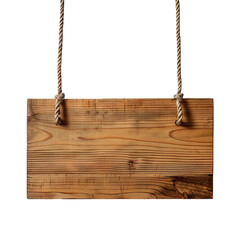 A wooden signboard hanging with ropes on transparent background