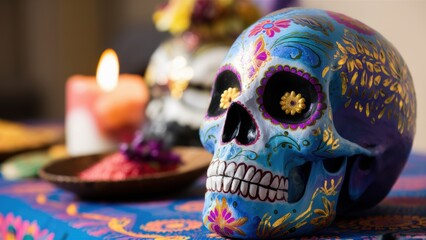 Fototapeta premium A skull is sitting on a table with candles and flowers, AI