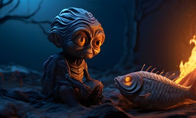 3D illustration of a claymation character holding fish near campfire.