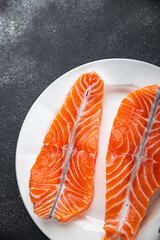 salmon fillet raw red fish seafood appetizer meal food snack on the table copy space food background rustic top view vegetarian food no met Pescetarian