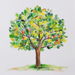Watercolor painting of a tree with green leaves and yellow fruit, on a white background.