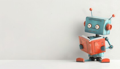 Fototapeta premium A cute blue and orange toy robot reading a book against a clean white background, suggesting learning, education, and technology