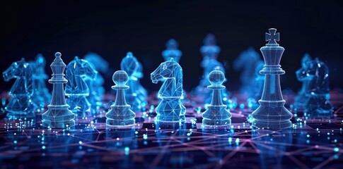 Futuristic Holographic Chess Board with Glowing Digital Pieces - Generative AI