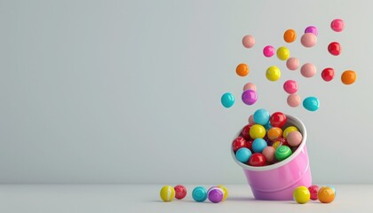 Obraz premium Colorful candy balls spilling from a pink cup on a minimalist light background. Vivid and playful concept depicting sweet treats and fun.