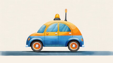 Colorful illustration of a small retro-style car with a blue and orange design, featuring a distinctive roof ornament, against a neutral background.