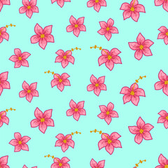 Hibiscus flowers seamless pattern. Vector illustration of a background of tropical pink flowers.