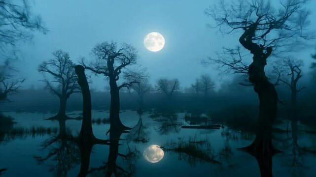 Mystical moonlit swamp with silhouetted trees on foggy night
