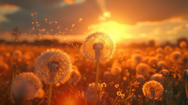 A picturesque scene of dandelion seeds floating through a vibrant orange sunset, creating a warm, evocative, and dynamic visual experience in a natural setting.