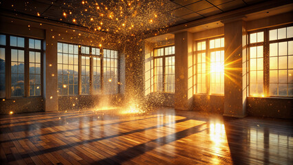 Fototapeta premium Warm sunset light pours through windows, illuminating a dramatic dance of dust particles suspended in the air, casting a golden glow on the empty room.