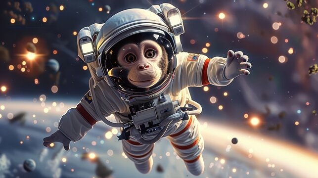 An animated astronaut monkey floats in deep space, showcasing creativity and adventure, with planets and stars in the background, creating a fun and imaginative scene. - Powered by Adobe