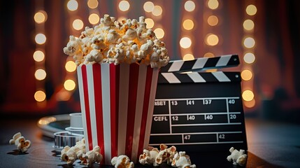 A striped popcorn bucket along with a movie clapper, both surrounded by a warm bokeh-lit background symbolizing the excitement and enjoyment of watching movies in a cozy ambiance.