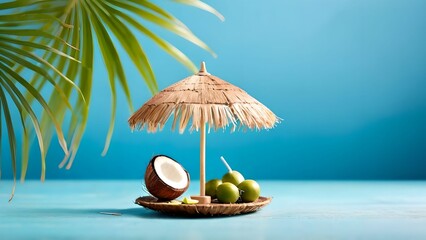 Obraz premium Photo of miniature tropical coconut bar with umbrella on blue background, web banner showing Thailand summer vacation concept