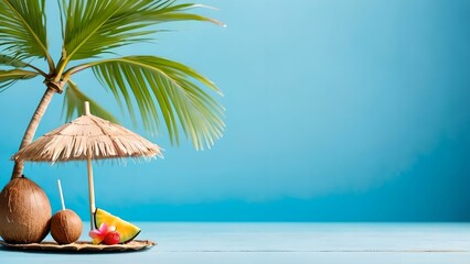 Obraz premium Photo of miniature tropical coconut bar with umbrella on blue background, web banner showing Thailand summer vacation concept