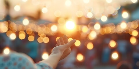 Obraz premium Vibrant Outdoor Festival Scene with People, Sunset Lights, and Decorations. Concept Festival Photography, Sunset Atmosphere, Outdoor Decor, Colorful Crowds, Vibrant Lighting