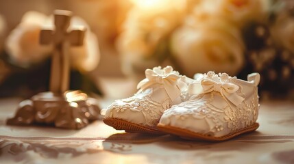The image features decorative baby shoes with intricate lace designs, set beside a symbolic cross and illuminated with soft, warm lighting that enhances the floral background.