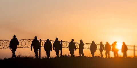 Silhouette of refugees near barbed wire border a symbol of immigration and asylum seekers. Concept Refugee Crisis, Immigration Issues, Humanitarian Aid, Global Immigration Trends, Border Security