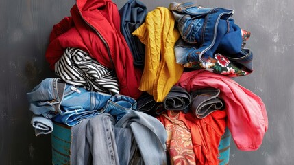 A pile of colorful clothes, including jeans, sweaters, and tops, casually stacked and folded, showcasing a vibrant array of fabrics and patterns in a casual setting.