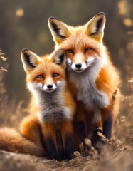 Obraz premium dog cub fur canino portrait painting cute watercolor animal puppy red fox mom mammal