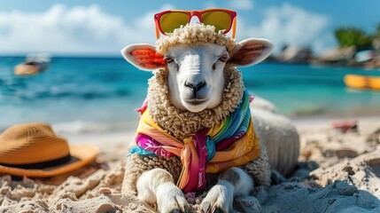 A delightful image of a sheep relaxing on a sunny beach, sporting sunglasses and a colorful scarf, capturing a joyful and carefree vacation vibe in a vibrant scene.