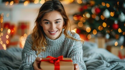 A happy woman in a cozy sweater holds a wrapped gift box, surrounded by festive holiday decorations and lights, embodying the warmth, joy, and giving spirit of the season.