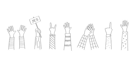 A set of cartoon doodle hand icons. Vector illustration of hand gestures, applause, thumbs up, palm greeting.
