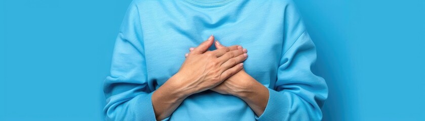 Fototapeta premium Person clutching their chest in pain due to acid reflux, realistic and detailed, medical concept