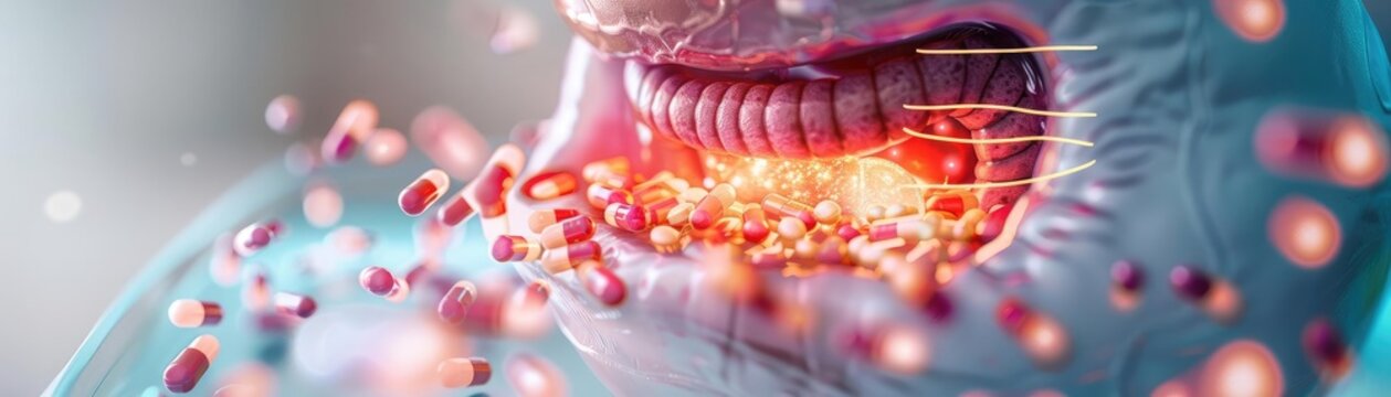 Illustration of a stomach with highlighted areas showing medication effectiveness against GERD, educational, detailed
