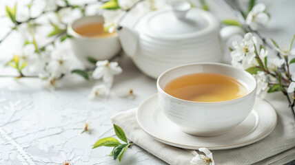 elegant cup and pot of jasmine tea on a white table.