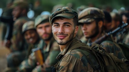 Fototapeta premium A smiling soldier in a camouflage uniform, with his fellow soldiers in the background, emphasizes unity, discipline, and the community within the armed forces.