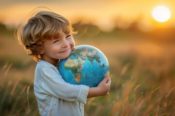 Young boy smiling and holding a globe at sunset for earth day