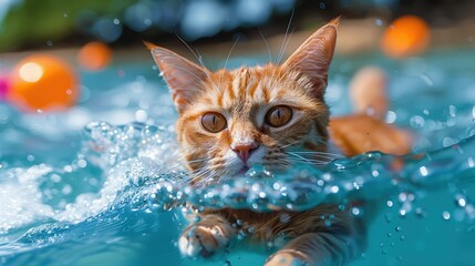An orange cat playfully swims in clear blue water, demonstrating its unique and adventurous personality, while capturing a moment of joy and fun in an unconventional setting.