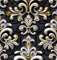 seamless pattern of an elegant Victorian era ornament, black and white with gold accents, 3d render in the style of flat design