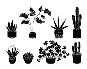 Potted plants silhouette icon set. Black color indoor houseplants in flowerpots. Botanical floral elements in pots for home decor. Flat monochrome vector illustration isolated on white background.