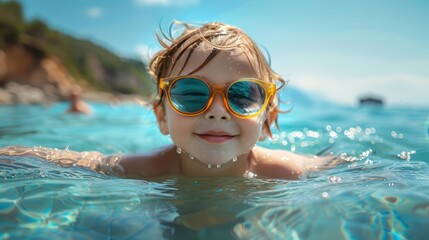 Naklejka premium A young child with yellow sunglasses floats in the clear blue sea, enjoying the cool water and sunny day, embodying the essence of carefree childhood and summertime fun.