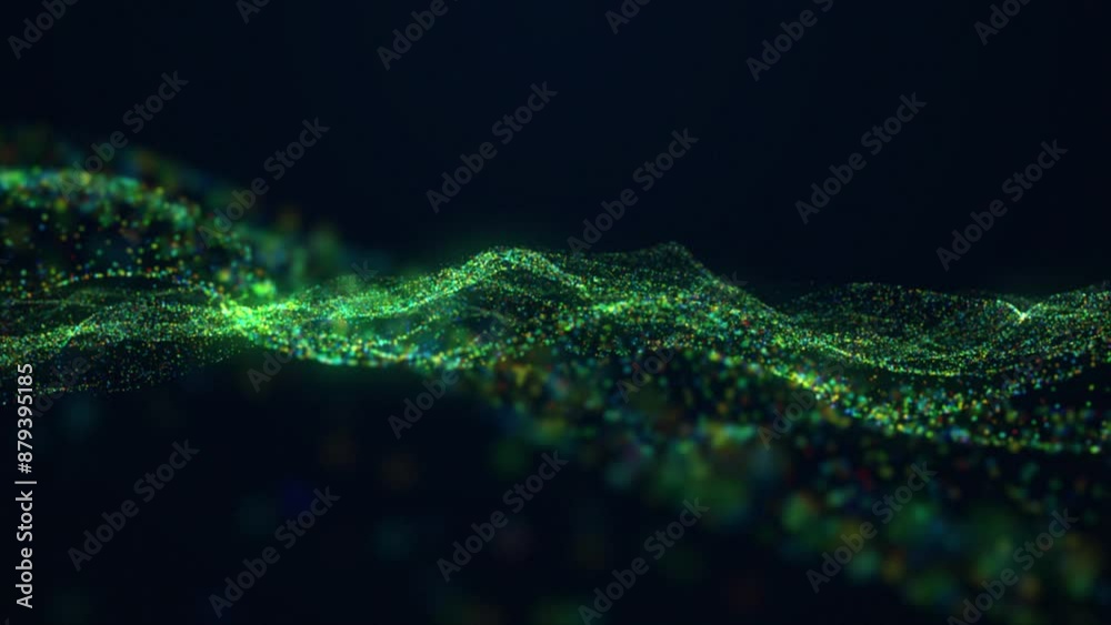 Poster abstract motion digital wave multicolor dots with glowing defocused particles background. creative s