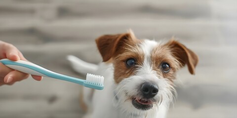 Jack Russell dog promoting dental health by holding toothbrush indoors. Concept Pet Oral Care, Jack Russell Terrier, Dental Health, Indoor Photoshoot, Promotional Campaign