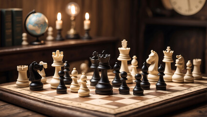 International chess day, a chessboard with various white and black chess pieces mid game, placed on an antique wooden table with background is slightly blurred
