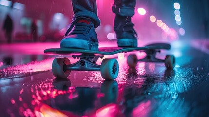 A dynamic image capturing a close-up of a skateboarder in action, riding a skateboard on a wet street illuminated by colorful pink and blue street lights, evoking freedom and adventure.
