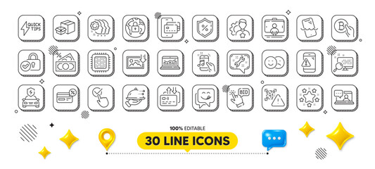 Money tax, Yummy smile and Lock line icons pack. 3d design elements. Spanner, Verified locker, Checkbox web icon. Packing boxes, Bitcoin pay, Bid offer pictogram. Vector
