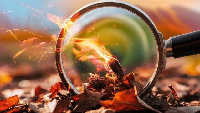 close-up of a magnifying glass focused on a small pile of dry leaves, capturing the precise moment a tiny spark of fire is ignited