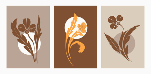Set of minimalist botanical posters in art nouveau style. Plant abstract elements, botanical composition. Vector illustration in modern fashionable style for invitations, branding, congratulations.