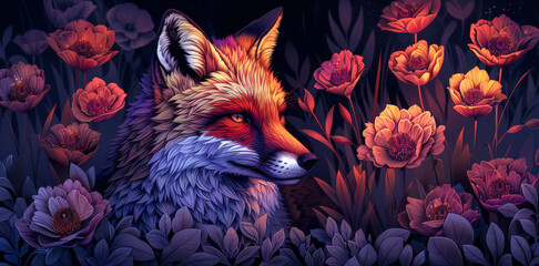 Fototapeta premium Cute fox fall autumn forest flower watercolor.