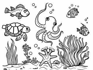 Fototapeta premium illustration of Sea Animals cute Collection - Coloring book.