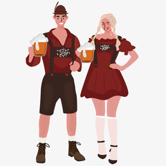 Oktoberfest. Girl,boy in national German costumes holding beer Vector flat illustration, on a white background