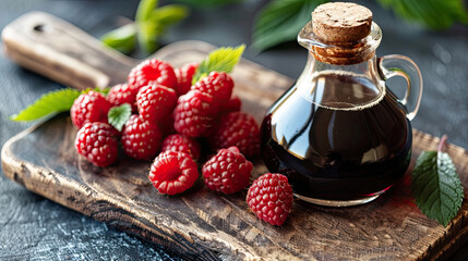 Glass bottle of homemade raspberry syrup and fresh raspberries arranged on a weathered board.
