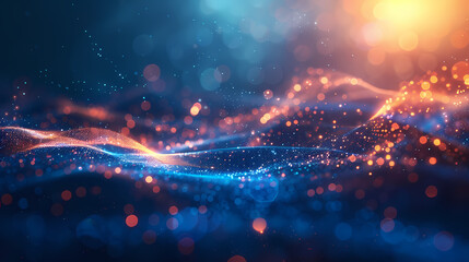 Fototapeta premium Abstract digital wave of glowing particles in blue and orange hues, resembling a futuristic data landscape.